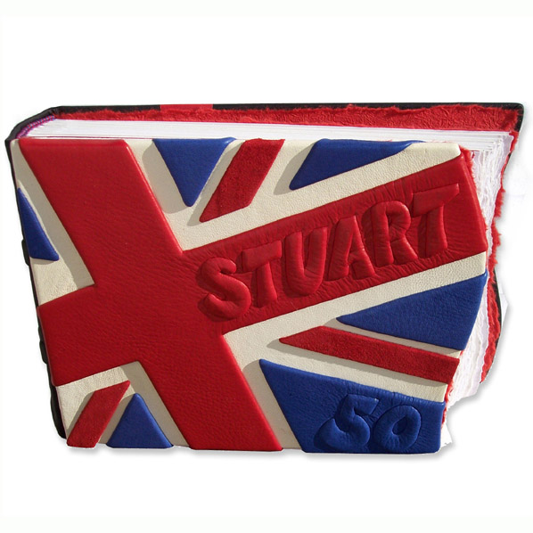 red, white, and blue leather scrapbook made as British Union Jack flag with embossed name Stuart and 50