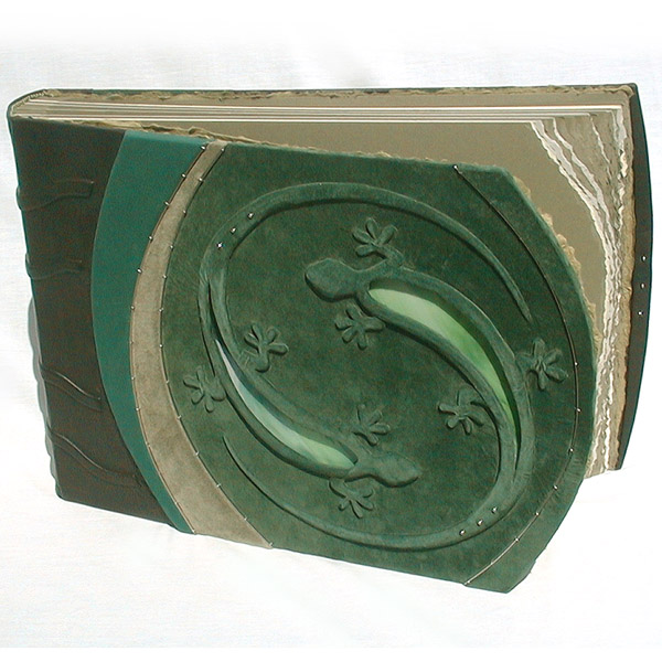 stained glass yin yang lizards on green leather photo album