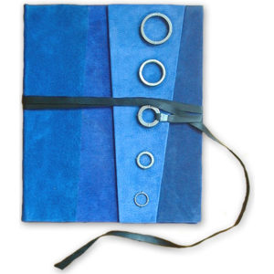blue suede padfolio notebook cover with 5 steel rings and black leather lace as a closure