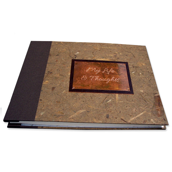Copper engraved plate on brown fabric and handmade paper refillable screwpost book