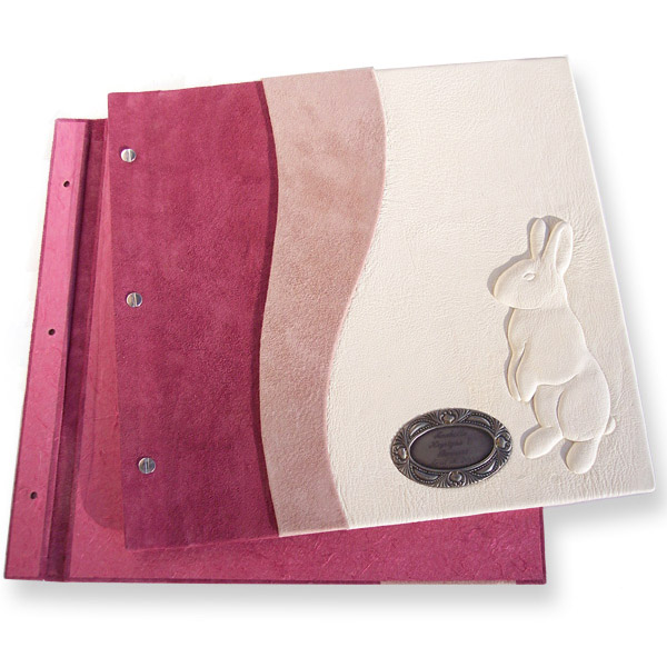 pink and white leather bunny rabbit baby photo album with etched metal plate