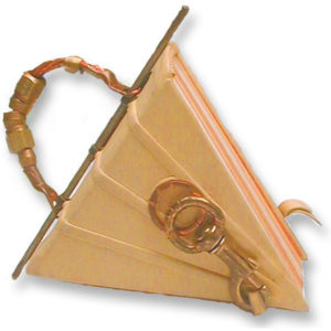 thick triangular yellow journal with brass and copper handle and leather lace closure