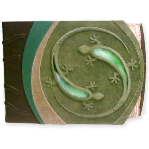 Yin Yang Lizards Scrapbook with carved embossed green leather lizards, stained glass window lizards back in yin yang circle