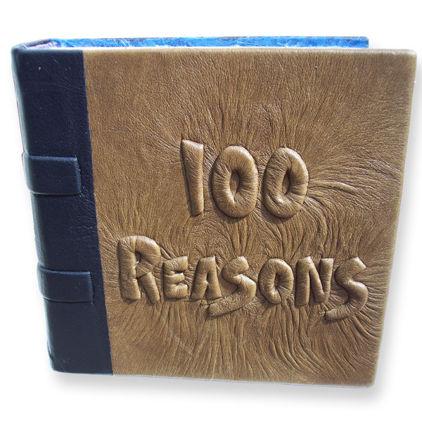custom brown leather wedding anniversary scrapbook with handcarved and embossed lettering 100 Reasons