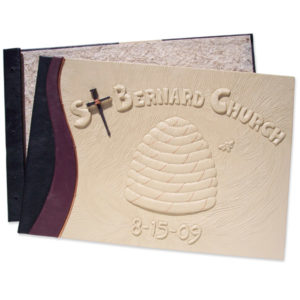 leather screwpost covers with embossed beehive bee skep and lettering with square nail cross
