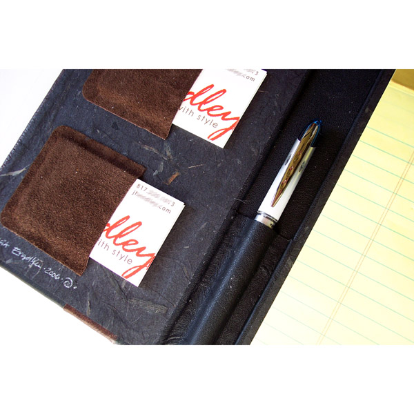 leather pen holder and leather business card holders in padfolio