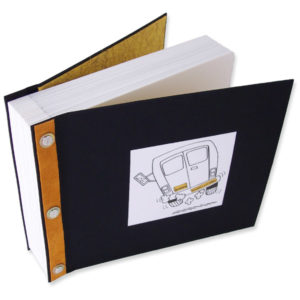 Refillable Screwpost Scrapbook with printed bus in photo window, black fabric, gold leather spine accent