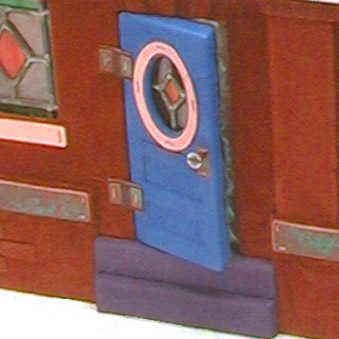 blue leather door hinges within house book cover with oval leaded glass window
