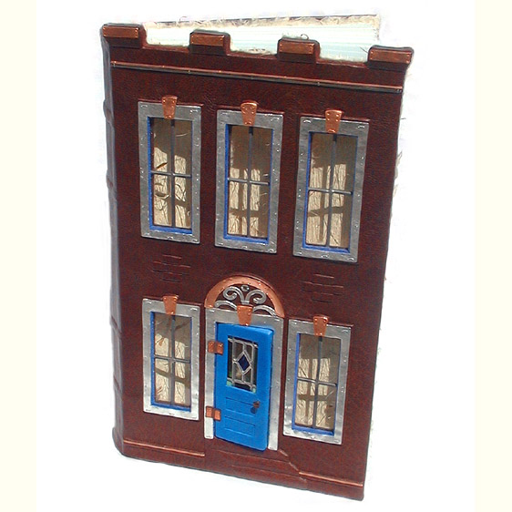 Brown Leather Brownstone Building large leather scrapbook album with glass windows and stained glass window hinged door