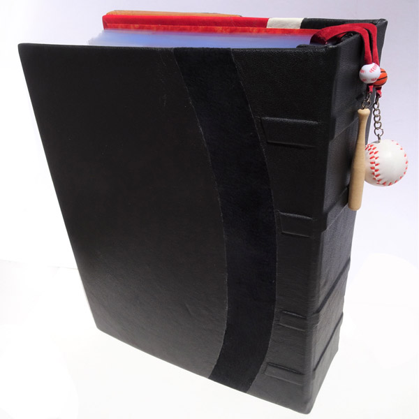 Black Leather Back Cover of Screwpost Binding with Baseball and Bat Pagemarkers