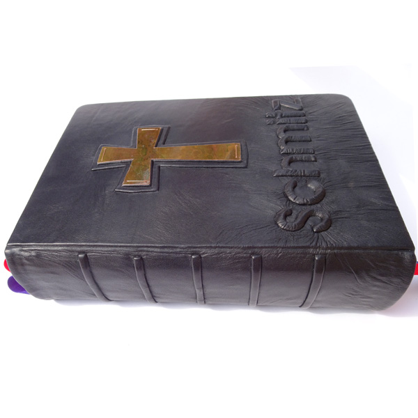 Raised Binding Cords on Spine of Custom Black Leather Family Bible