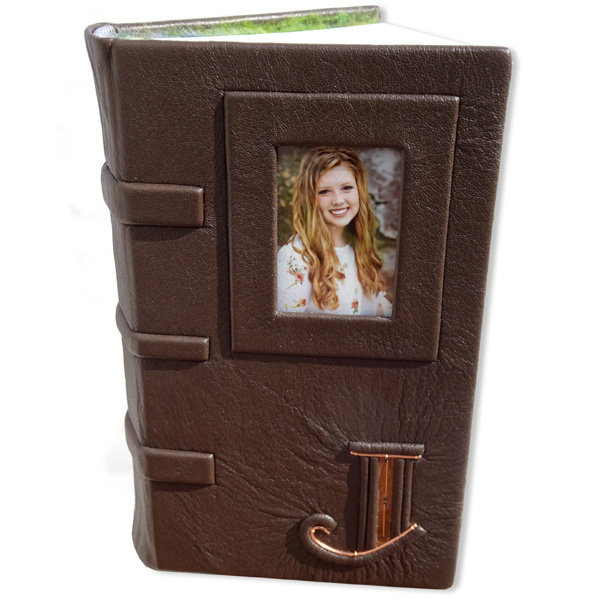 Brown Leather Book with Glass Photo Window and Embossed Copper Initial J