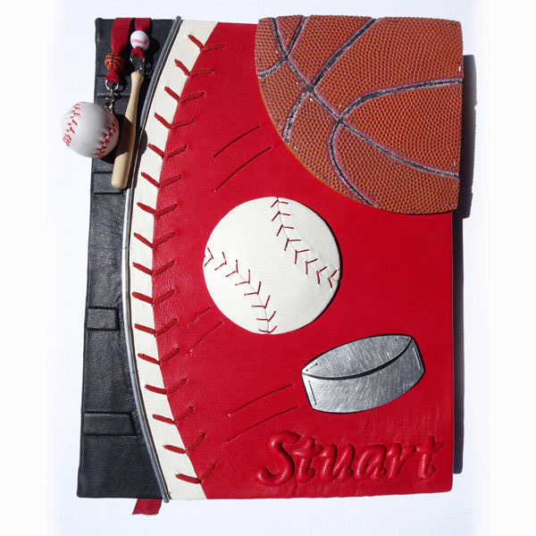 Front Cover of Sport Themed Custom leather Book Cover for Basketball, Baseball, and Hockey Cards