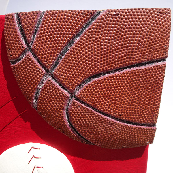 Mini Basketball sculpture on Leather Book made from a Mosaic of real Basketball Skin