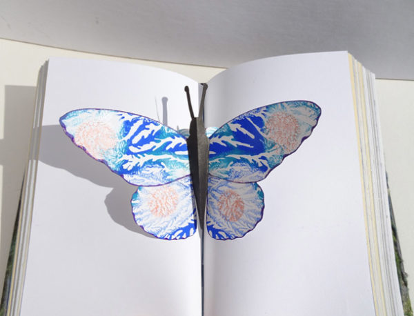 Monoprint Pop-Up Butterfly open in Handbound Book pages