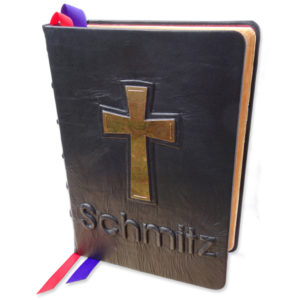 Black Leather Personalized Bible with Embossed Family Name Schmitz, Copper Cross