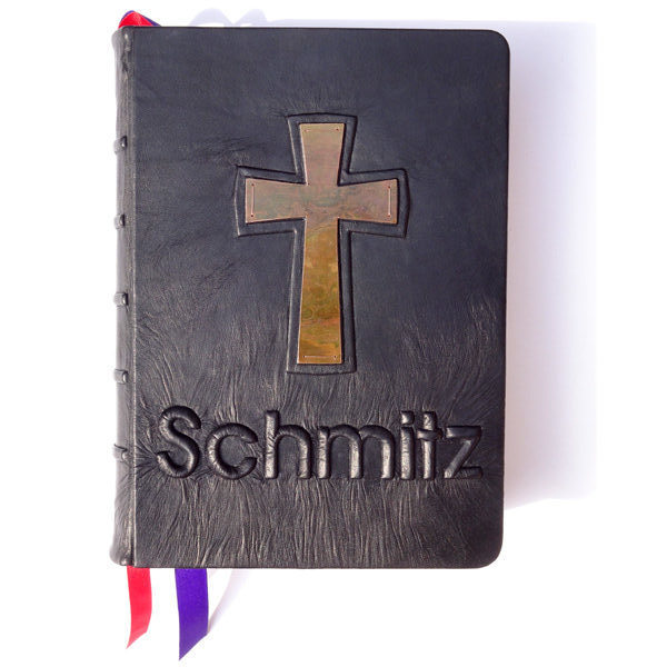 Custom Leather Bible with Embossed Name Schmitz under Copper Cross