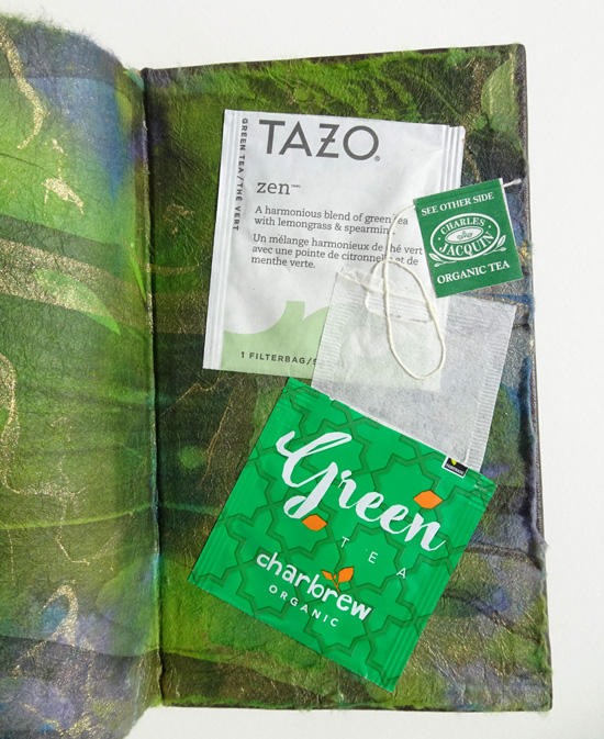Tea Bag Endsheets inside Custom Handbound Book